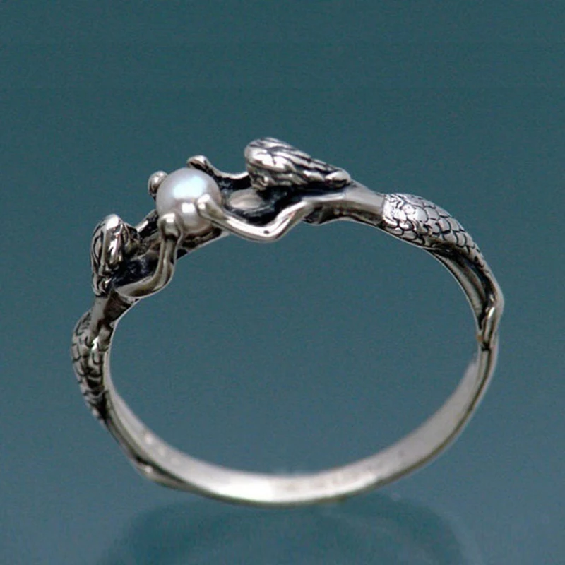 

Magnificent Two Mermaids with Pearl Rings Bride Wedding Engagement Jewelry For Women Ladies Antique Silver Color Love Gifts