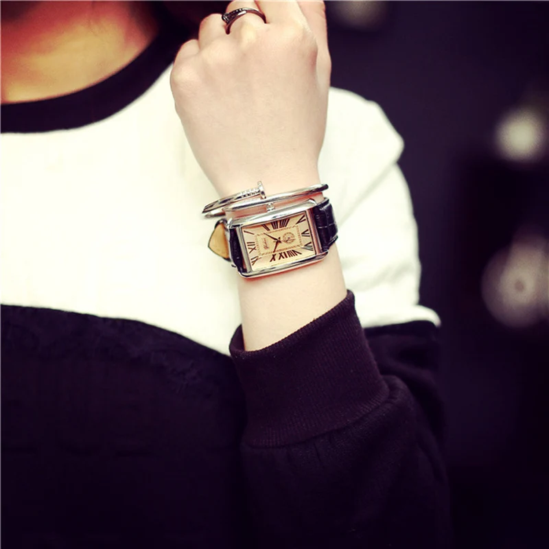 Прямоугольный циферблат с римскими цифрами из натуральной кожи Новое