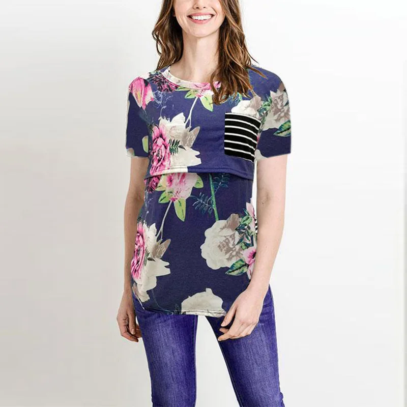 Базовая майка для беременных одежда с круглым вырезом и цветочным принтом