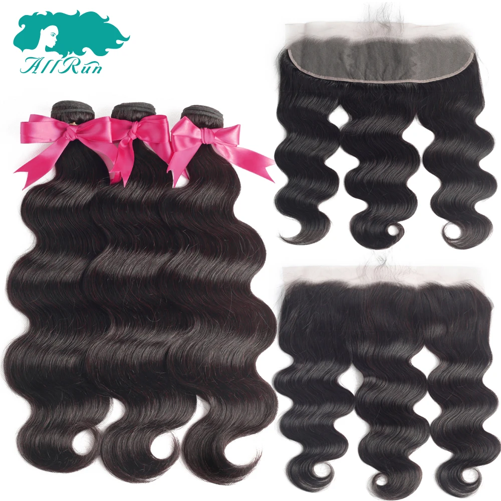 Allrun бразильские волосы переплетения пучки с кружевной фронтальной не Реми