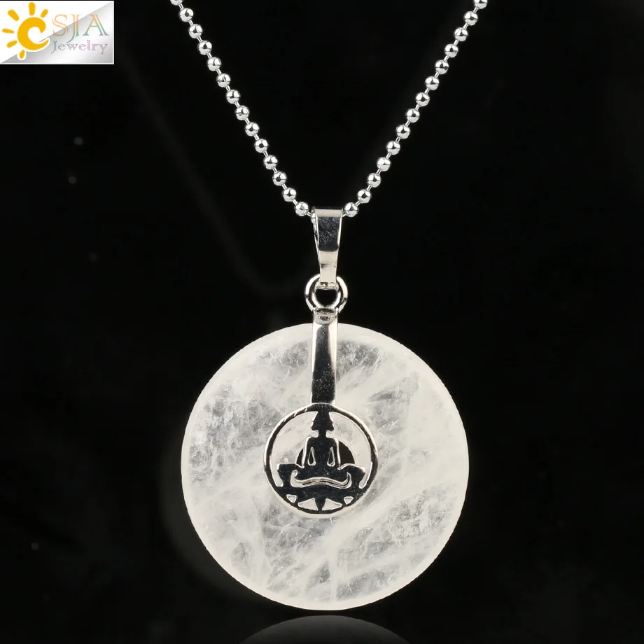 White Crystal Chain Csja Йога Лотос кулон для медитации натуральный фиолетовый розовый кристалл тигровый глаз круглые полые Рейки Чакра бусины для женщин и мужчин ожерелье G144 - Окраска металла: White Crystal Chain