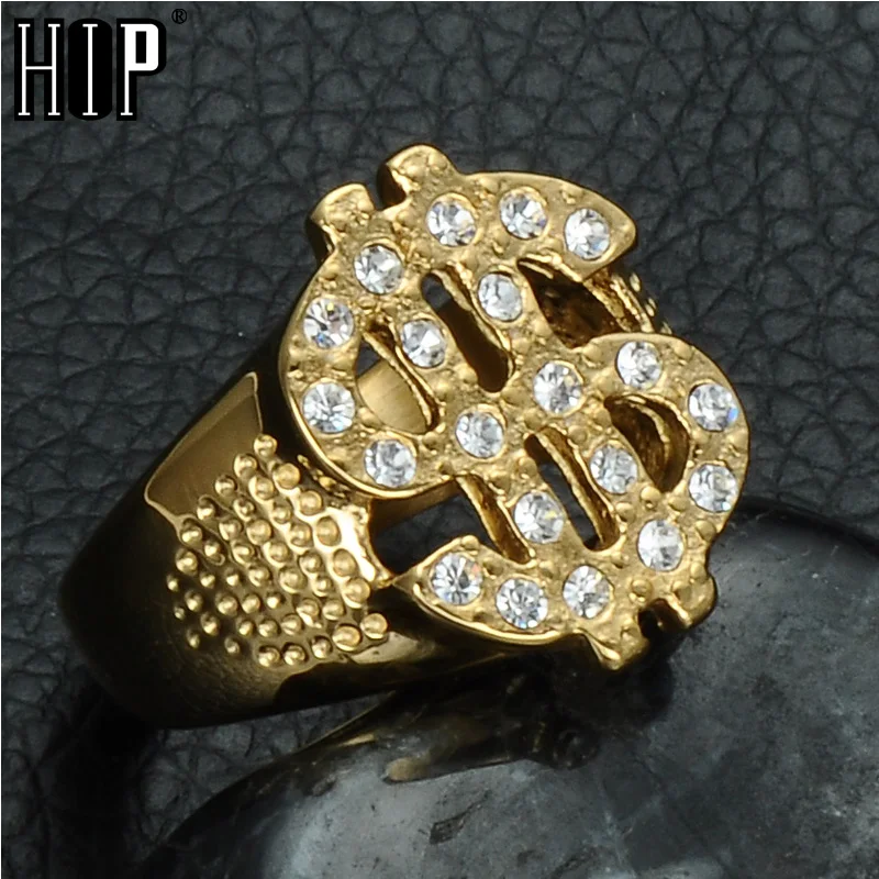 Хип Хоп рок Iced Out bling золото Цвет Титан Нержавеющая сталь нам знак доллара печатки