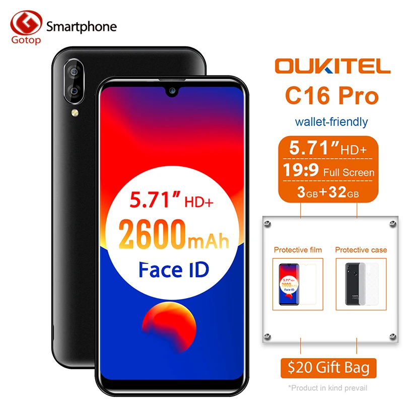 OUKITEL C16 Pro 5,71 ''Android 9,0 19:9 мобильный телефон с экраном капли MT6761P Quad 3 Гб ram 32 Гб rom смартфон 4G LTE мобильный телефон