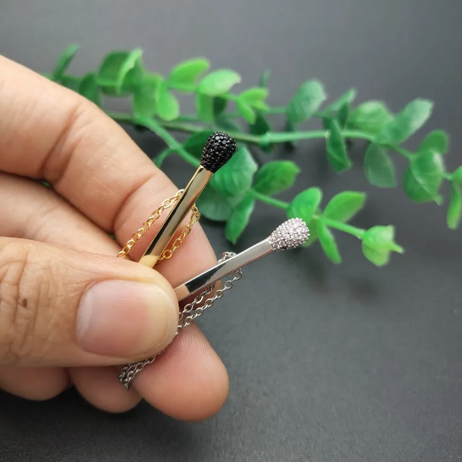 Золотые, серебряные, Matchstick, металлические подвески, черный CZ камень, установка спичек, цепочка из нержавеющей стали, ожерелье, модные женские ювелирные изделия
