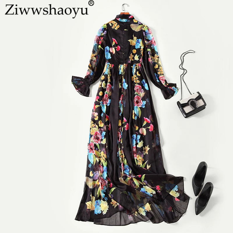 Ziwwshaoyu Europe and America 2018 autumn long dress Bohemian A-Line Print Bow Lantern Sleeve Big pendulum Long | Женская одежда