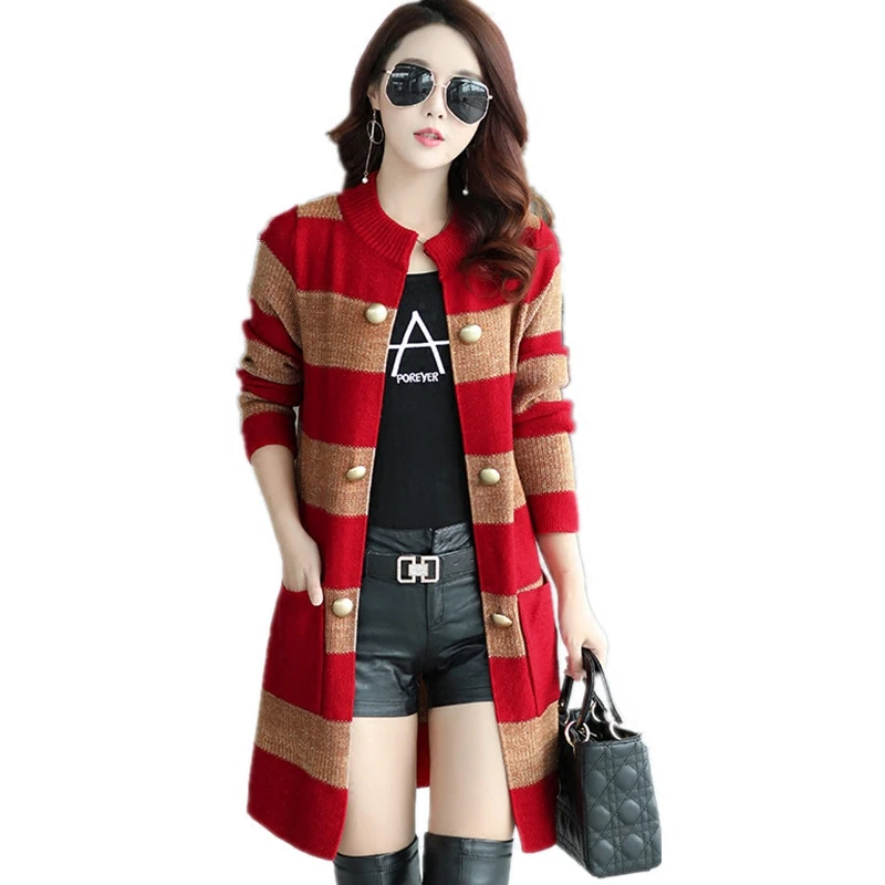

Spring and Autumn large size women knitted striped shawl long section of thick long-sleeved cardigan jacket Korean version JQ57