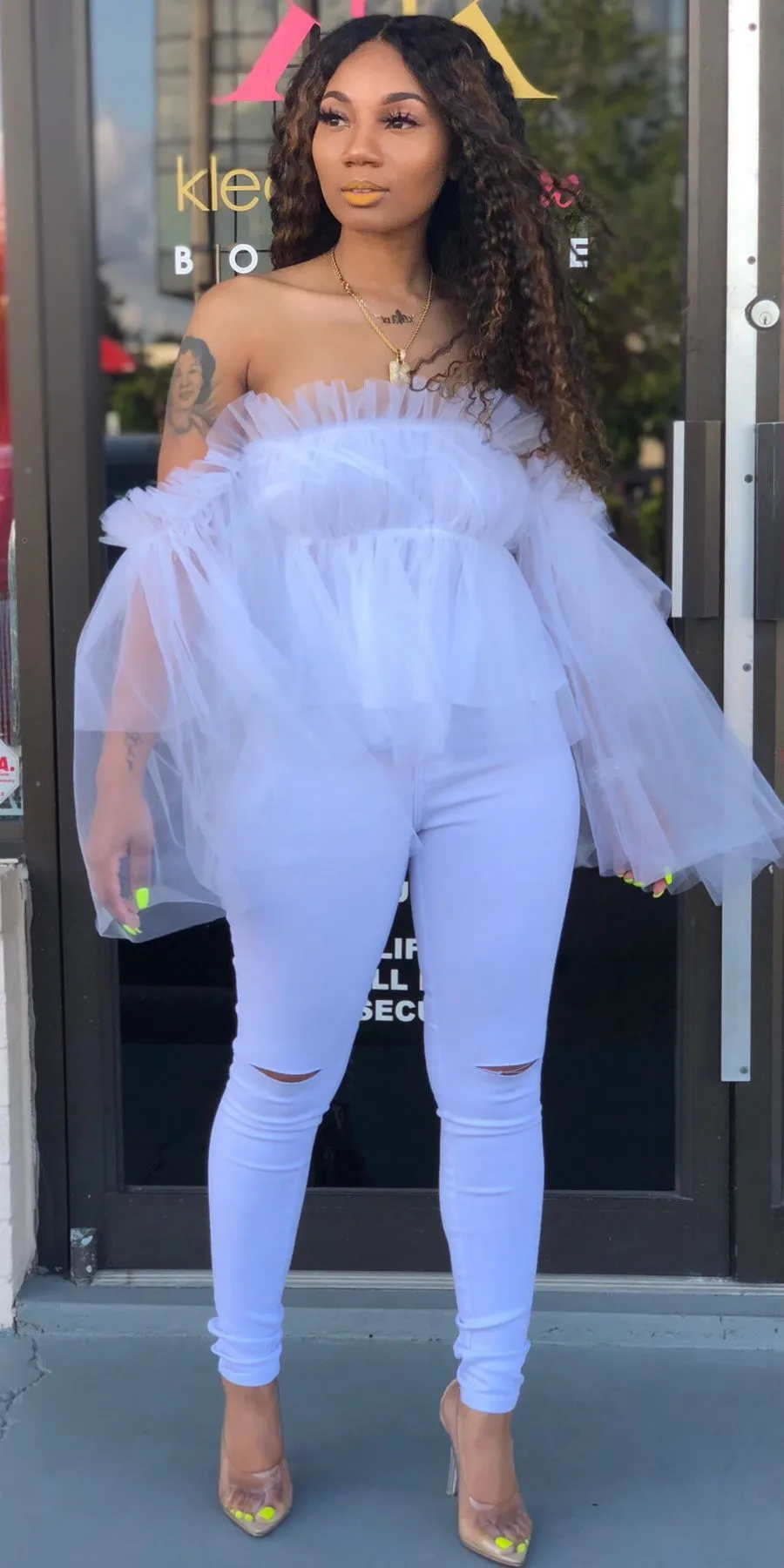 White ANJAMANOR Sexy Elegant Mesh Shirt 2 Layer Ruffle Off Shoulder Long Sleeve Plus Size Womens Tops and Blouses Holiday D48-AZ43 - Color: White