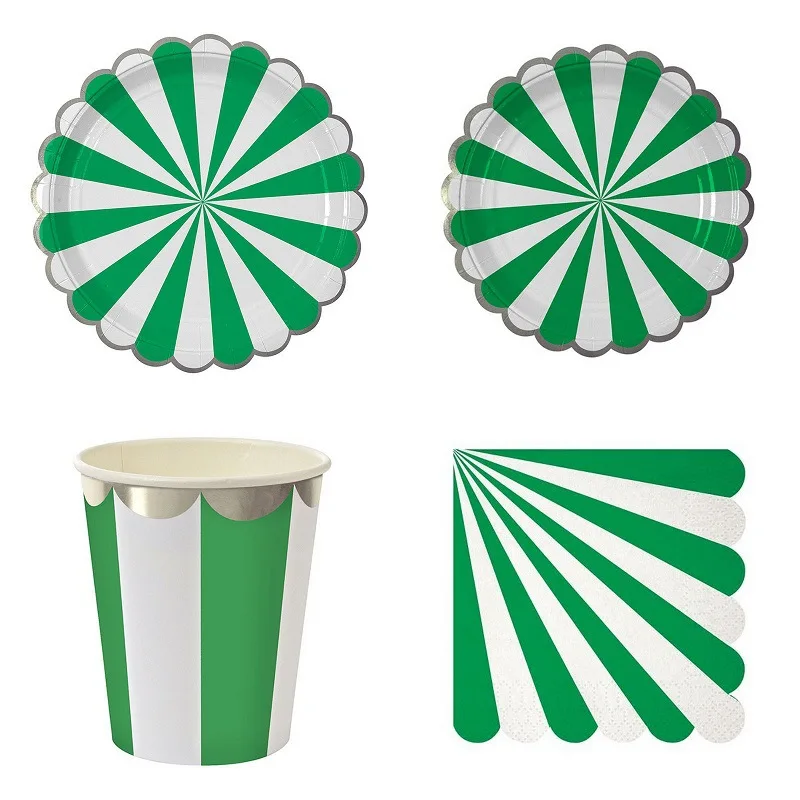Gilding High-end Disposable Tableware Set Pink Green Striped Paper Plates Cups Napkins Party Wedding Carnival Supplies | Дом и сад