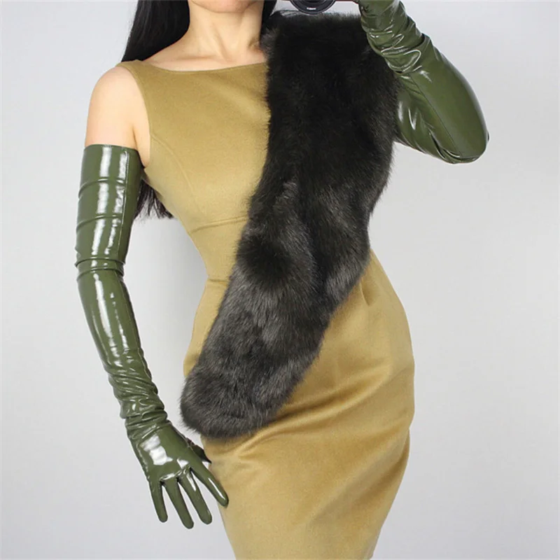 

70cm Extra Long Patent Leather Gloves Long Section Opera Emulation Leather Sheepskin PU Touchscreen Dark Green Female WPU60-70