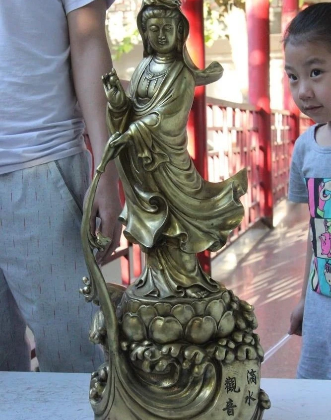 Тибетский буддизм бронзовый медный капельный водный Лотос Кван-Инь статуя Будды