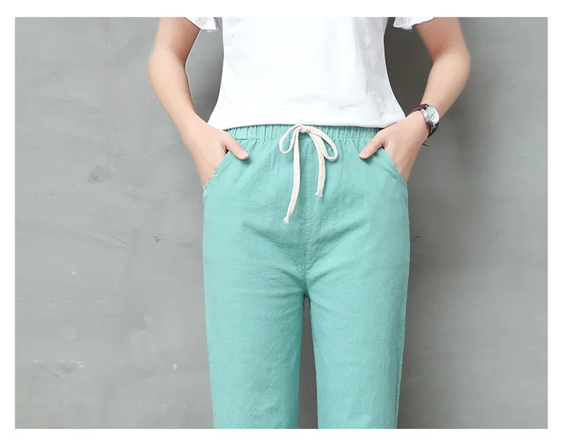 Pantalon Femme, хлопковые и льняные брюки, женские летние штаны-шаровары на шнуровке, потертые тонкие повседневные женские штаны, женские спортивные штаны C4342