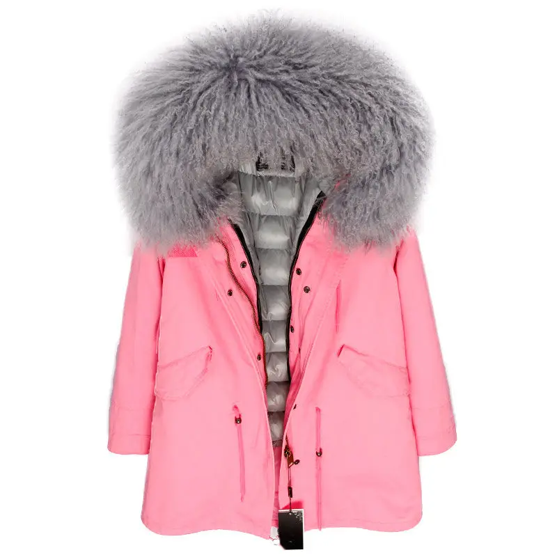 pink grey OFBUT, зимняя женская куртка, пальто с натуральным мехом, длинная парка, воротник из натурального меха монгольской овцы, гусиный пух, пальто, Толстая теплая уличная одежда - Цвет: pink grey