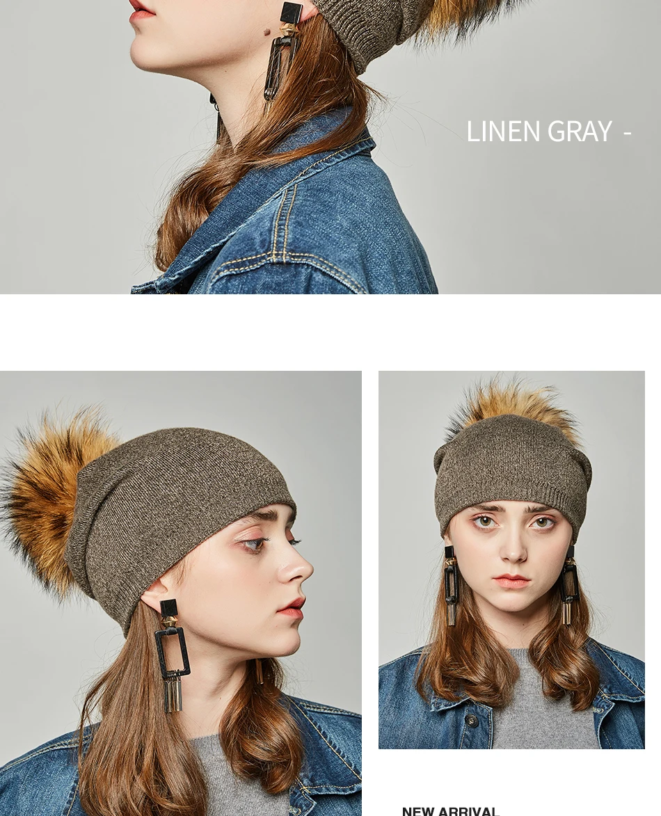Осень Зима шапочки Hat Настоящее енот лиса меховой помпон однотонные лыжных gorros шапки унисекс вязаный шерстяной skullies Повседневная Cap