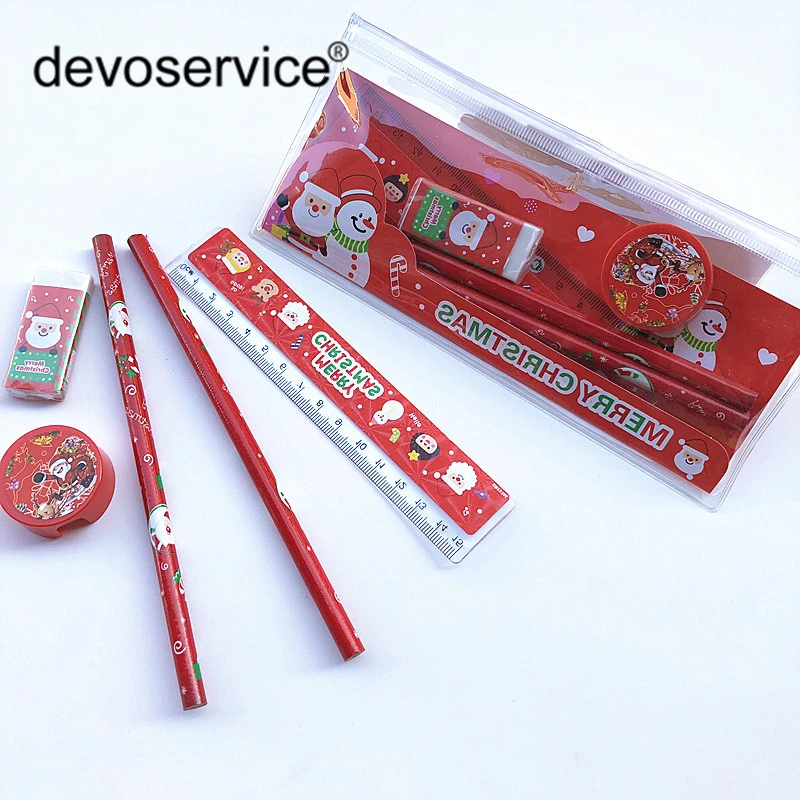 Cute Christmas Stationery Set Pencil Ruler Earser Sharpener Pencil Case 6 In 1 Stationery Set For School Girl And Boy Gift Prizs