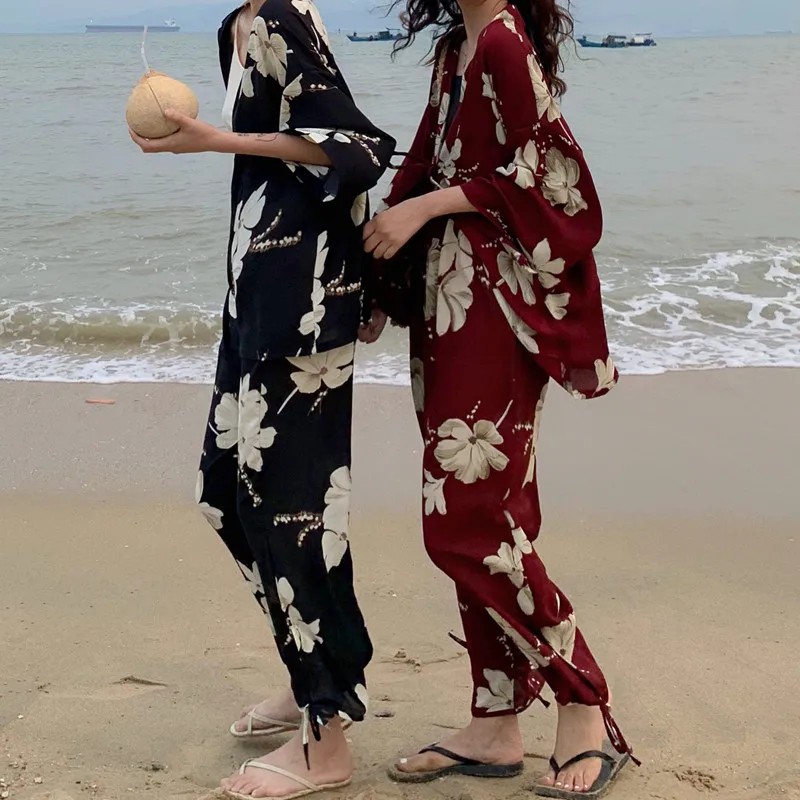 2 цвета 2019 летняя свободная Солнцезащитная рубашка + прямые брюки женский костюм