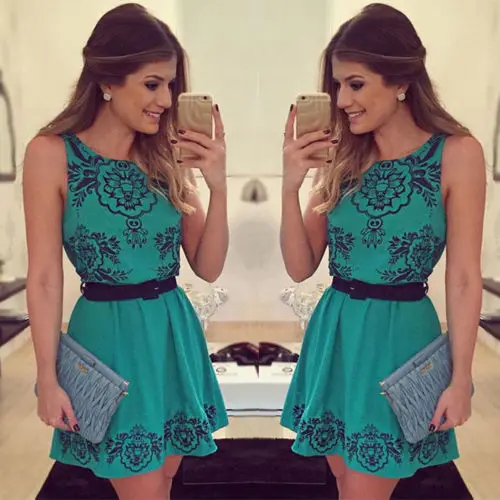 Women Summer Boho Short Mini Dress Evening Dresses Round Neck Zipper Party Beach Sundress | Женская одежда