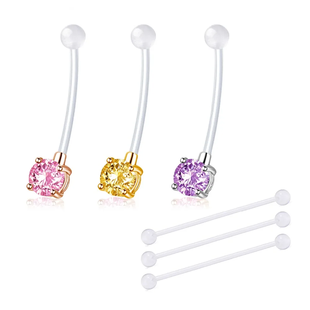 

Clear Belly Button Ring Sports or Pregnancy Flexible Bioflex Shining CZ Ball Navel Bar Retainer 14G 1.6mm, 1 1/2 Inch length