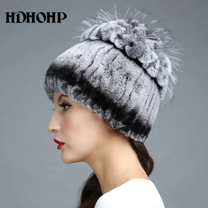 HDHOHR, Новая меховая шапка, зимняя женская шапка из натурального меха кролика с мехом серебристой лисы, вязаные шапочки, модные женские шапки из натурального меха