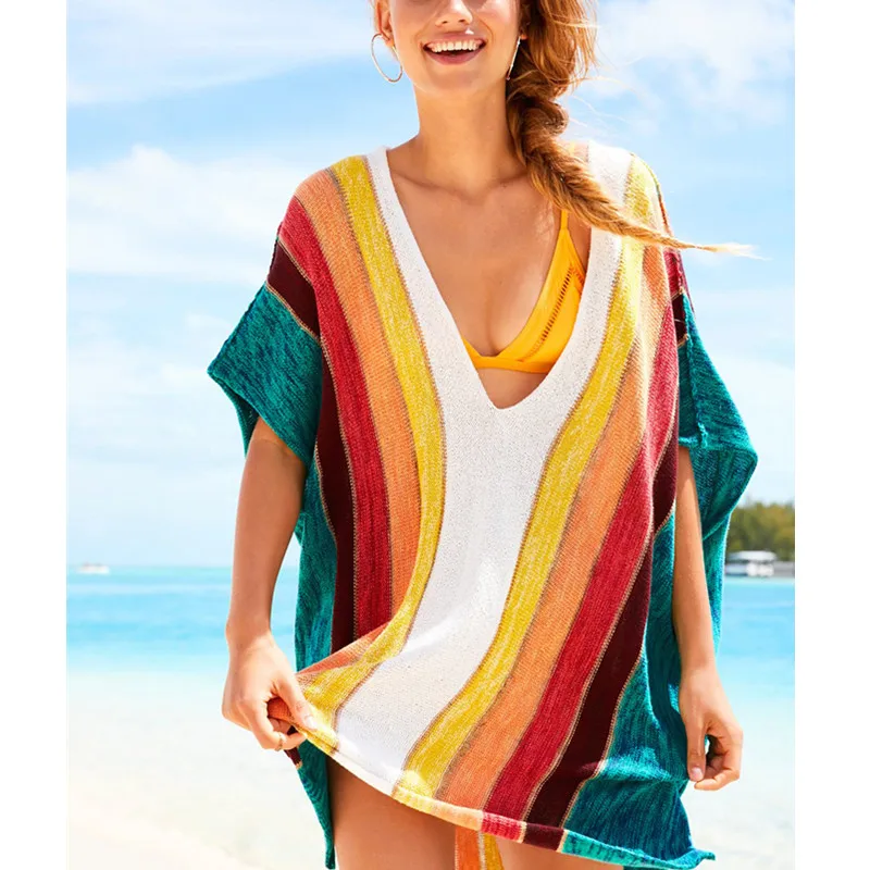 Colorful stripe Стильный пляUPS жный купальный костюм пляжный топ женский s полосатый пляжный купальник пикантные накидки пляжное платье для беременных женщин - Цвет: Colorful stripe