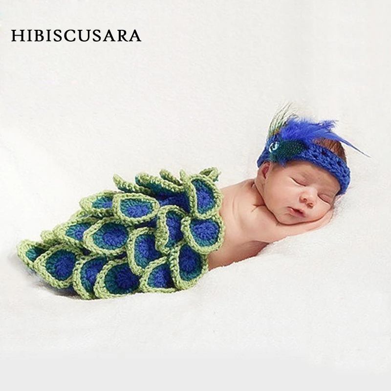 Peacock Newborn Photography Props Costumes Handmade Kintted Bebe Pictures Accessories With Feather Headband Infant Outfits