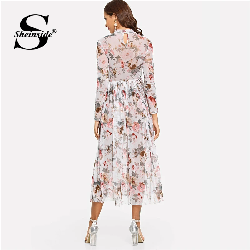 Sheinside цветочное элегантное прозрачное плиссированное платье для женщин богемное облегающее и расклешенное длинное платье ТРАПЕЦИЕВИДНОЕ пляжное платье с высокой талией