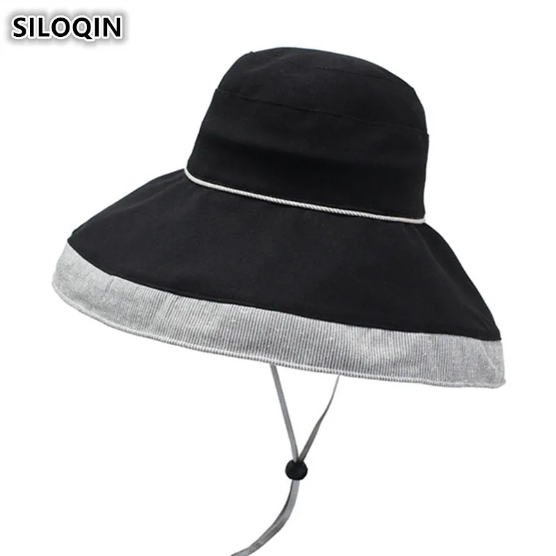 

SILOQIN 2019 New Summer Women's Cotton Bucket Hats Elegant Novelty Fashion Beach Hat For Women Big Visor Breathable Sun Caps