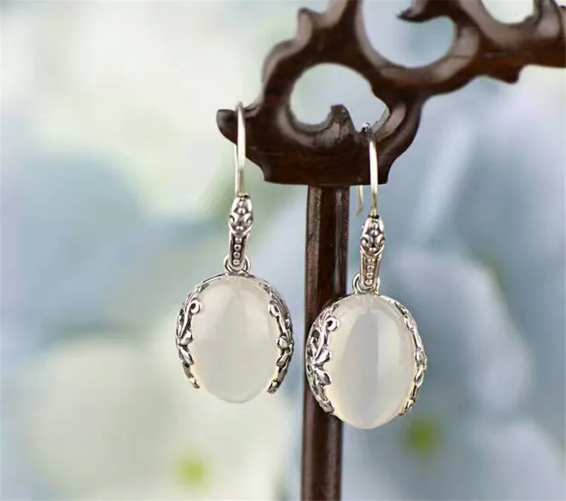 

BESTLYBUY S925 Серебряные серьги из натурального белого халцедона, 100% Стерлинговое Серебро S925 пробы, серьги-подвески для женщин, ювелирные издели...