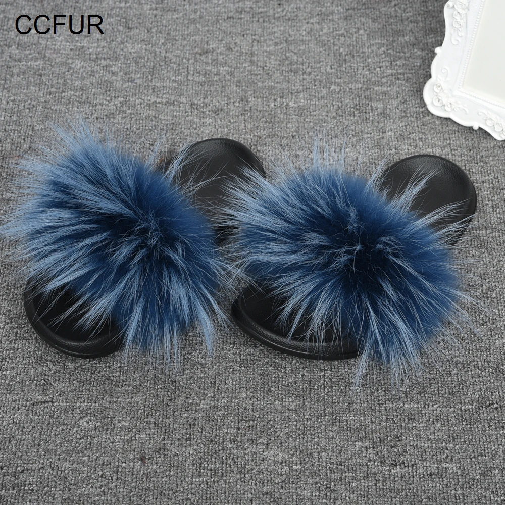 CCFUR Racoon/меховые тапочки; женские шлепанцы с натуральным мехом; модные домашние шлепанцы с пушистым мехом; много цветов; S6045E