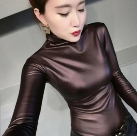 2020 RopaVintage Autumn Women PU Leather Tops Shirts turtleneck Long Sleeve slim Vintage blouse plus siz 4XL LM78 | Женская одежда