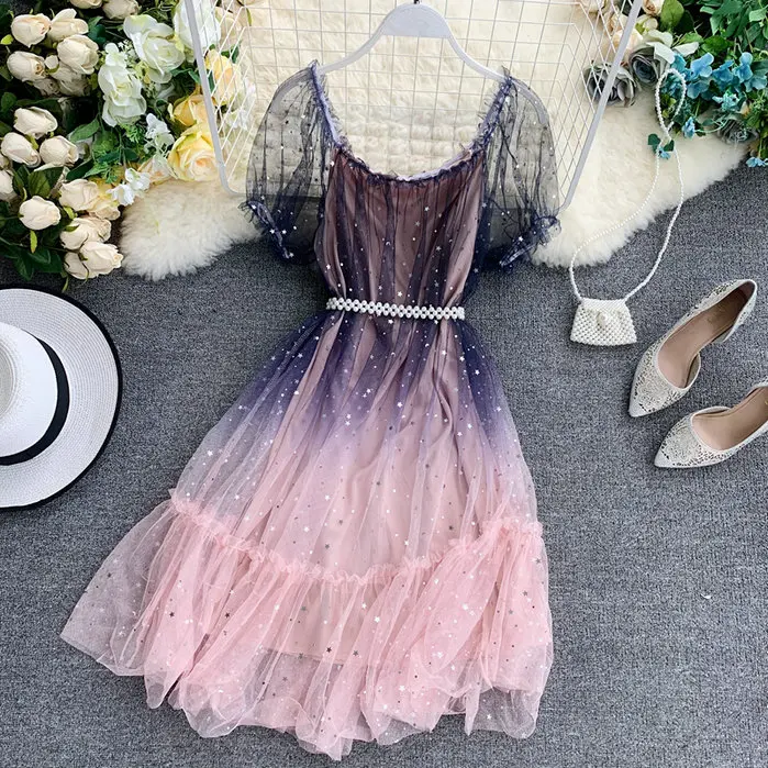 Women Dress Для женщин Слэш шеи с буффами на рукавах, украшенной звездой с блестками, расшитое бисером бусины на цепочке Mesh Gauze/плиссированное платье, эластичные, обтягивающие, тюлевой оборкой, мини-платье - Цвет: Women Dress