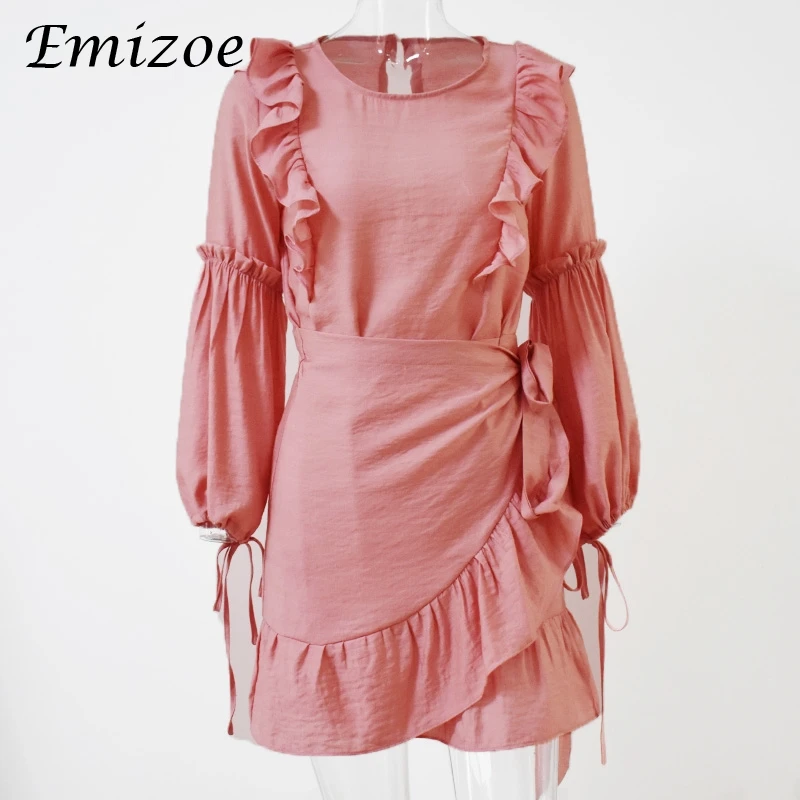 Emizoe Ruffle wrap короткое платье женские 2018 осенью новый розовый Мини вечернее
