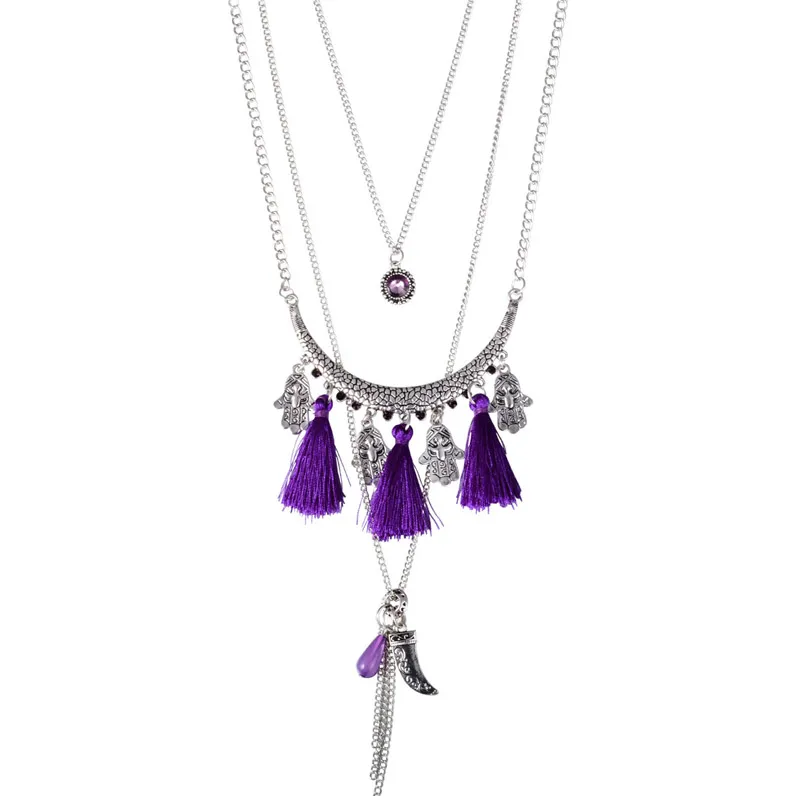 Богемские ожерелья для женщин винтажные античные серебряные фиолетовые
