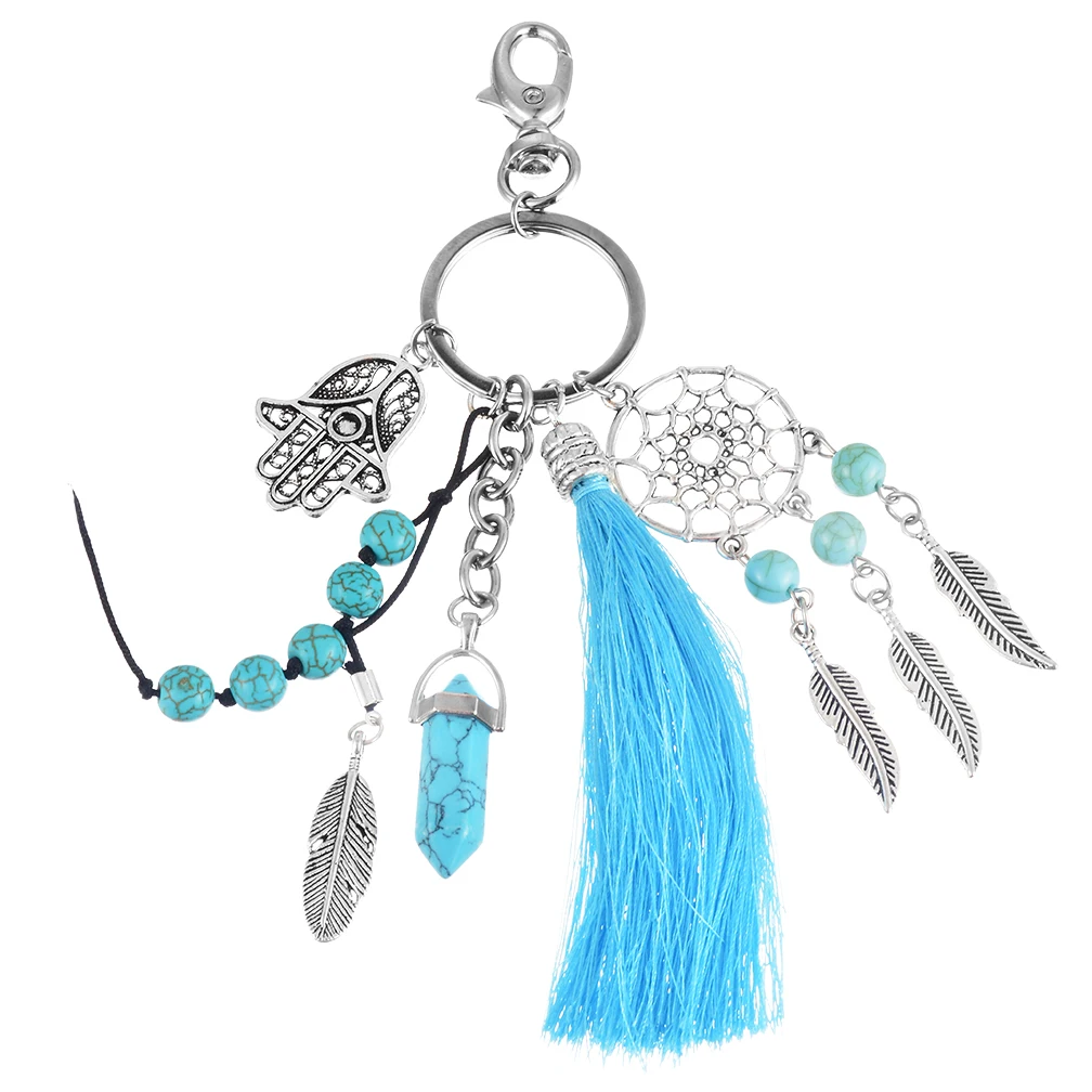 Laamei 2018 Handmade Natural Stone Keychain Dream Catcher Tassels Feather Women Silver Boho Jewelry keychain Gift | Украшения и