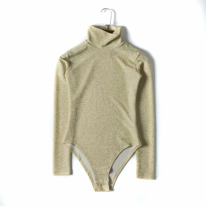 ANSFX Сексуальная водолазка Bling яркие линии боди женщина с длинным рукавом Tight Короткий комбинезон Slim fit комбинезон Комбинезоны 4 цвета