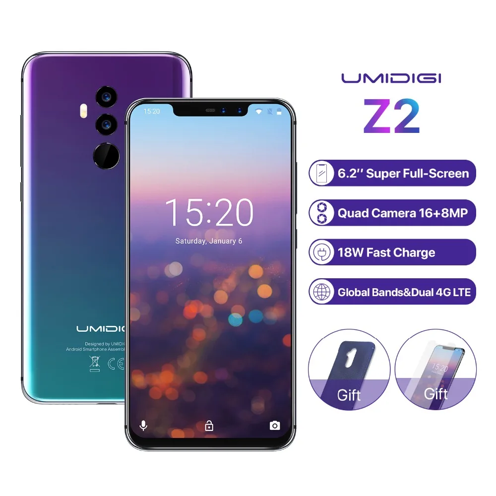 UMIDIGI Z2 смартфон, 6 ГБ 64 ГБ, Восьмиядерный, экран 6,2 дюймов, Android 8,1