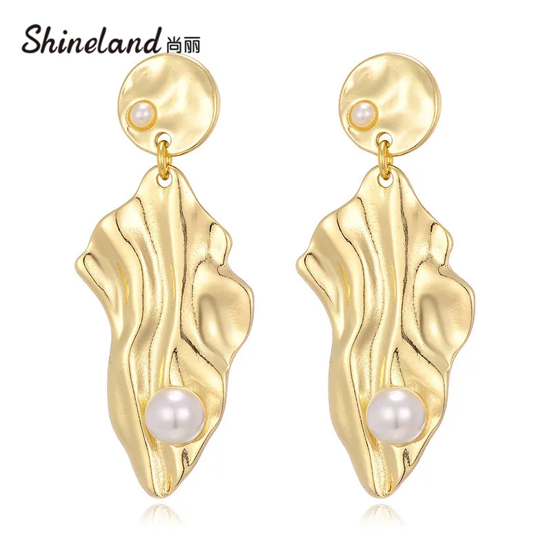 

Shineland новые модные круглые металлические висячие серьги с имитацией жемчуга модные украшения для ушей для вечеринки женские серьги 2021