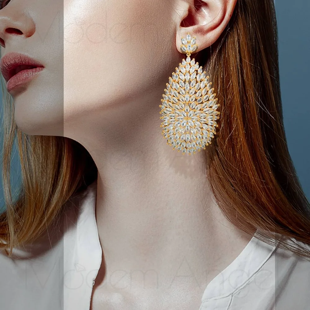 ModemAngel High Quality Cubic Zirconia Stones Jewelry Gold Color Big Blooming CZ Earrings for Women Fashion | Украшения и
