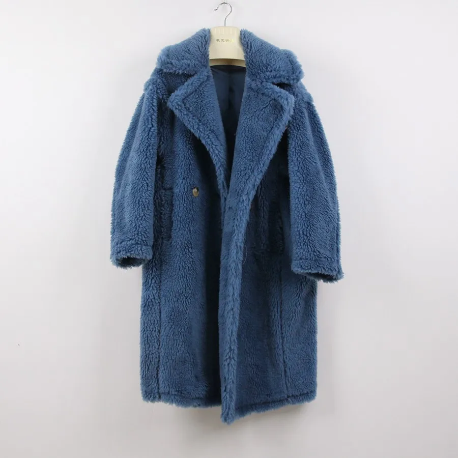 blue Розовое JAVA QC1848 Новое поступление пальто из натурального овечьего меха длинное стильное верблюжье плюшевое пальто более размера зимнее женское пальто - Цвет: blue