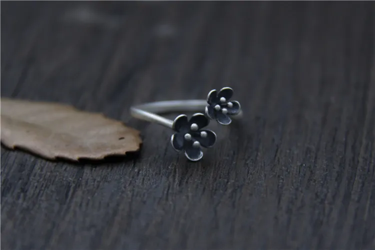 

C&R 925 Sterling Silver Rings for Women vintage art flower double petal ring lady Thai Silver opening Ring Fine Jewelry