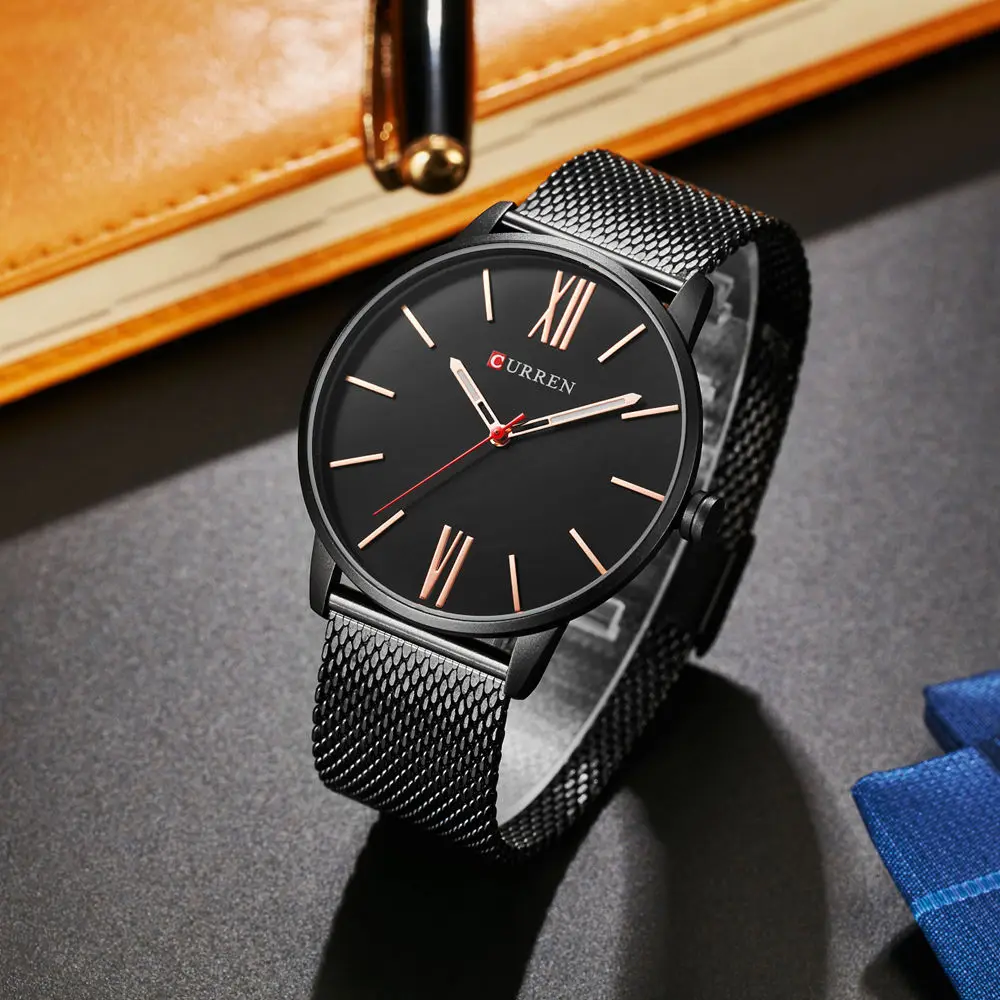 Curren простые мужские кварцевые часы с сеткой серебристый черный золотой браслет