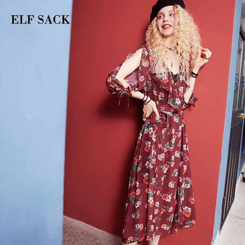 ELFSACK, осень, новинка, женское платье, повседневное, ТРАПЕЦИЕВИДНОЕ, цветочное, с оборками, три четверти, женское платье, до середины икры, v-образный вырез, женское платье, часть, Vestido