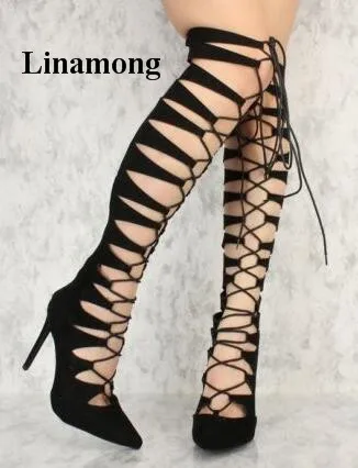 2018 женские ботинки с перекрестной шнуровкой на тонком высоком каблуке острым