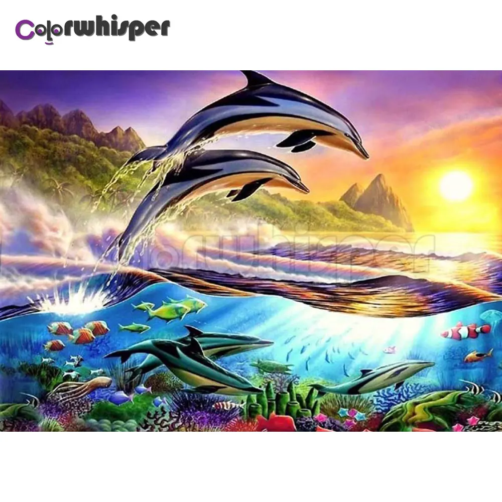 Алмазная живопись полноразмерная/круглая морские животные Дофин закат рассвет