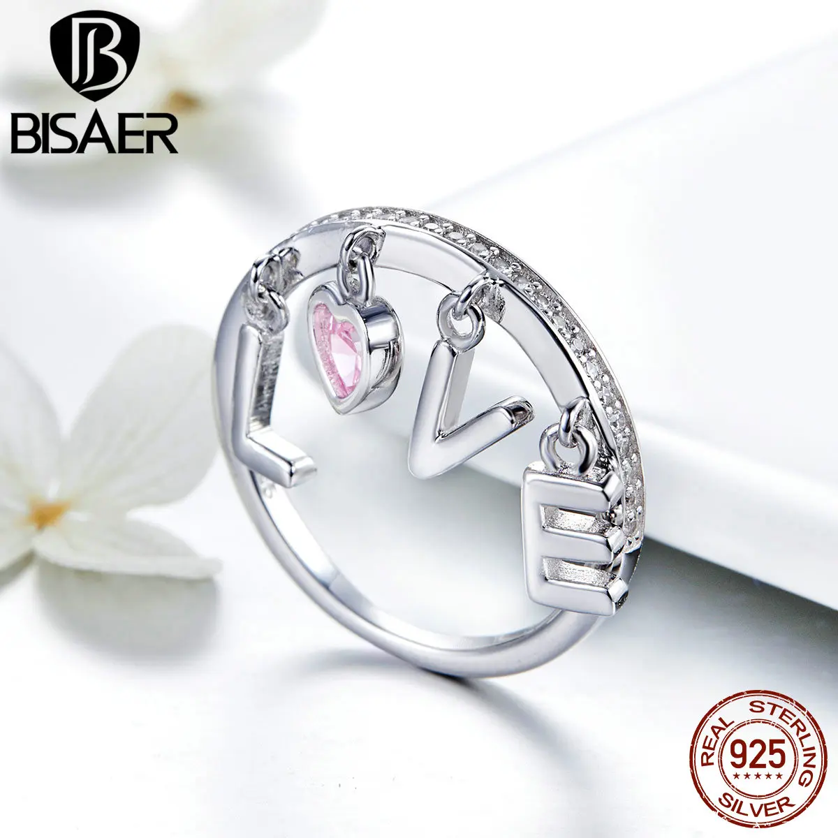 BISAER, День Святого Валентина, 925 пробы, серебро, любовь, висячие кольца на палец для женщин, розовое сердце, циркон, обручальные кольца, ювелирные изделия ECR503