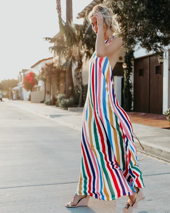 Платье женское длинное в стиле бохо модное Радужное пляжное макси платье полоску