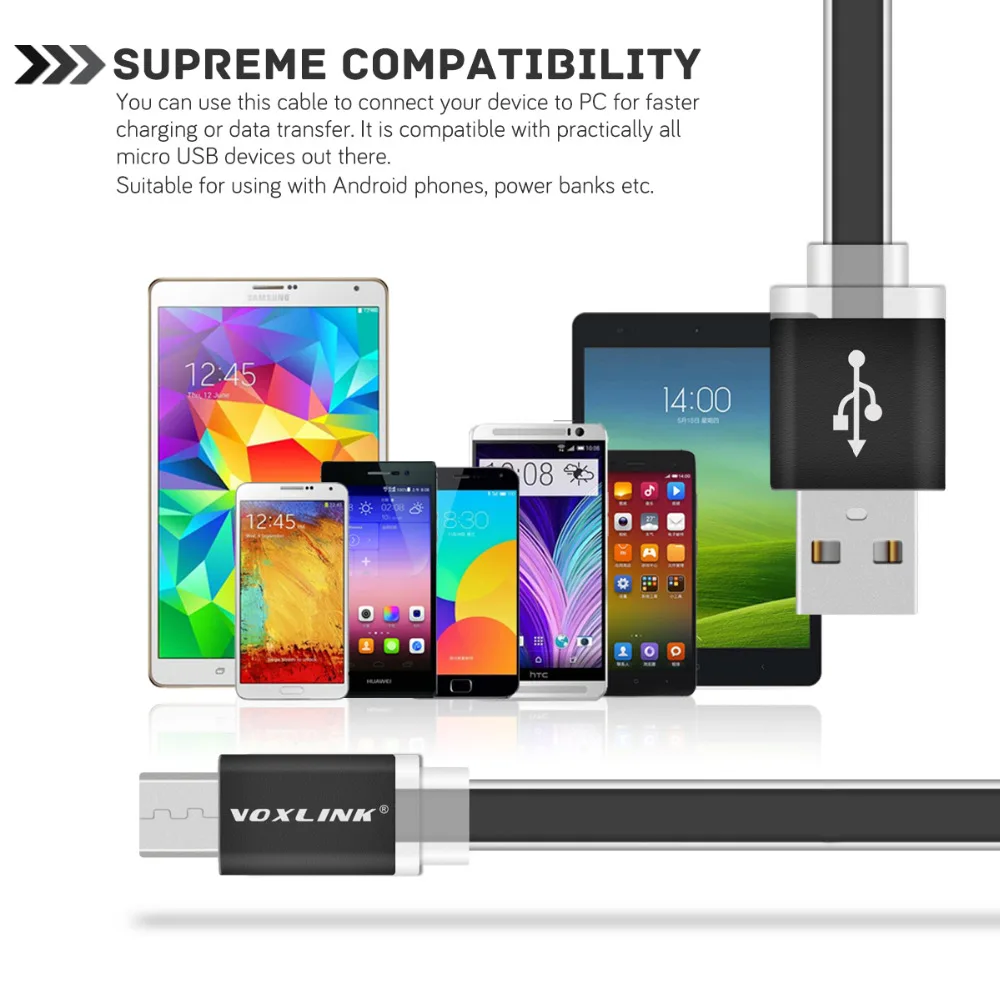 VOXLINK 1 м/2 м/3 м универсальное плоское зарядное устройство Micro USB кабель для