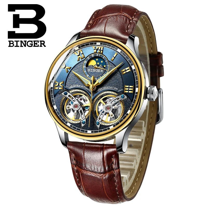 Мужские часы BINGER Double tourbillon модные автоматические механические