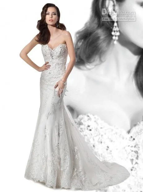 Sweetheart Luxurious Wedding Dresses Lace Mermaid Gowns Chapel train Tulle Applique Beaded Button Gorgeous Bridal | Свадьбы и