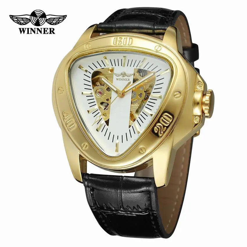 

Winner Automatic Mechanical Men Watch Racing Sports Design Triangle Skeleton Wristwatch Top Brand Luxury Golden Black Leather