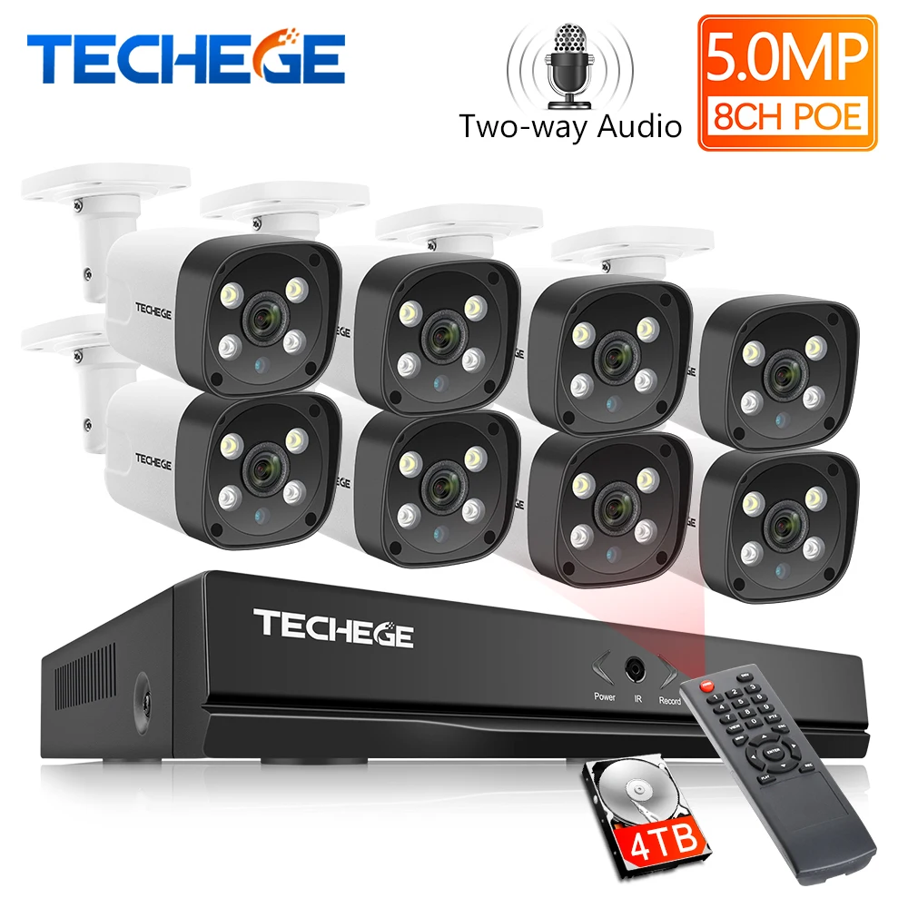 Techege 8CH супер HD 5MP система видеонаблюдения Двухсторонняя Аудио Обнаружение человека Металл водонепроницаемый открытый AI камера CCTV камера система